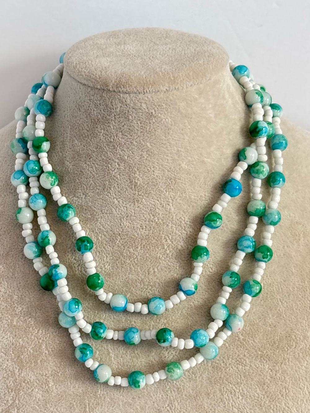 Long Green & White Beaded Necklace Coastal Layering Necklace 24"
